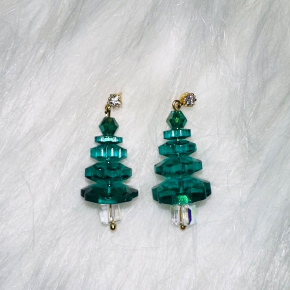 Christmas Tree Earrings Emerald Swarovski Crystal Holiday, Sterling Silver - Picture 2 of 3